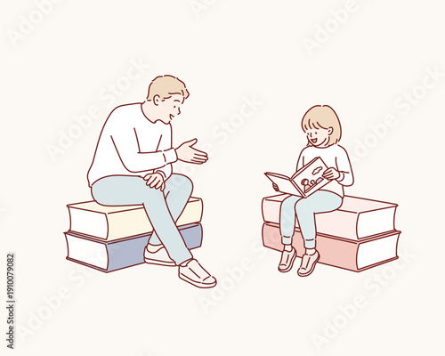 Father teaches his kid reading books. Student studies, learning textbook with teacher. Happy girl and dad discuss novels, communicate together. Original vector illustration drawn by hand.
