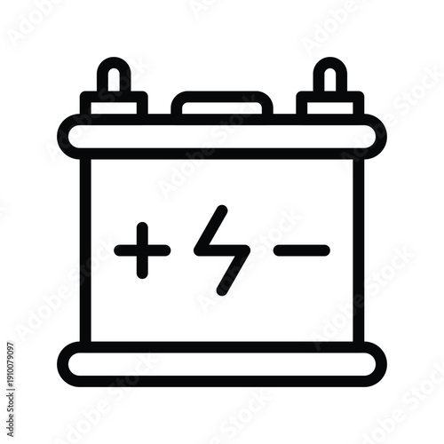 A simple line art icon of a car battery showing positive and negative terminals and a lightning bolt symbol. Motor and Spare part single line icon UI design.
