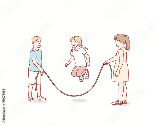 Cute boys and girls play jumping on a rope. Original vector illustration drawn by hand.