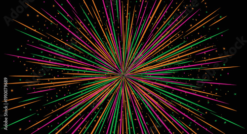 A vibrant abstract explosion of colorful lines radiating outwards from a central point against a dark background, evoking feelings of celebration and dynamic energy.