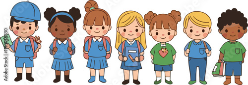 Diverse happy school children wearing uniforms with backpacks cute cartoon kids vector illustration set
