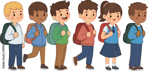 Diverse school children walking with backpacks cute cartoon students group wearing casual clothes vector illustration setMobile