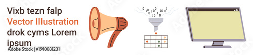 Digital marketing, data analysis, content strategy, online advertising, business tools, and technology. A megaphone, data funnel and computer screen. Digital marketing and data analysis visual