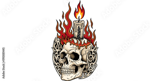 Detailed Illustration of Flaming Skull with Candle.