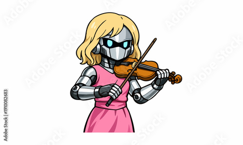 Robot violinist in a sleek dress cartoon illustration