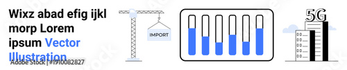 Crane lifting cargo labeled import, lab test tubes with blue liquid levels, and a 5G communication tower. Ideal for technology, science, import-export, innovation, connectivity, lab experiments