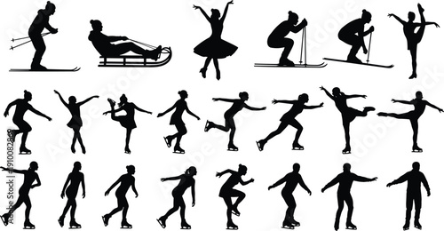 Large collection of winter sports silhouettes featuring ice skaters skiing and sledding figures isolated on white background for seasonal holiday and athletic design projects.