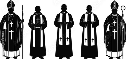 Christian priest and bishop silhouette vector illustration collection featuring religious figures in traditional robes with crosses and staves isolated on white background for ministry projects.