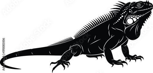 Black and white iguana silhouette vector illustration with detailed scales and features isolated on white background for wildlife and tropical reptile design projects.