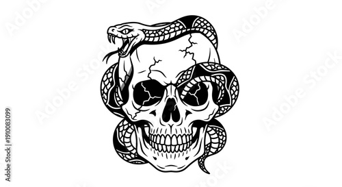 Skull with snakes wrapped around face.