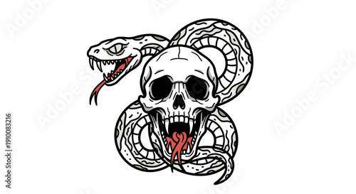 Snake Wrapped Skull Tattoo Design Illustration.