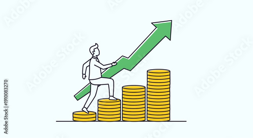 A person climbing up coin stacks with a large green arrow indicating financial growth and business success.