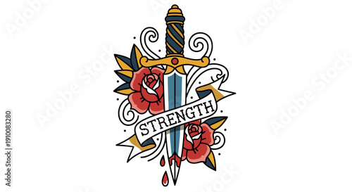 Tattoo Style Dagger with Strength Banner.