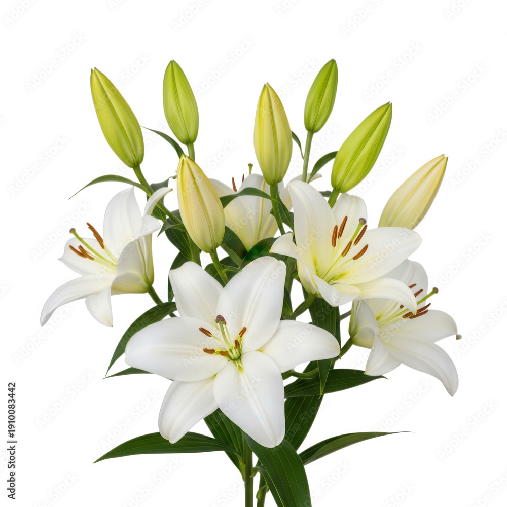 Fototapeta premium A beautiful bouquet of white lilies with vibrant yellow stamens in full bloom isolated on transparent background