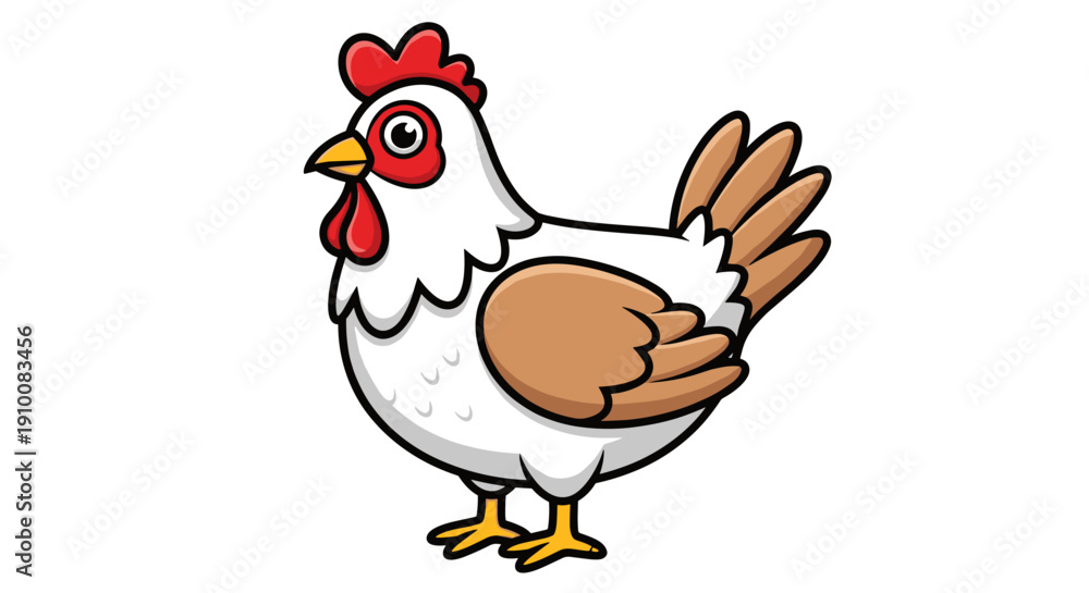 Fototapeta premium White Chicken Cartoon Illustration with Brown Feathers.