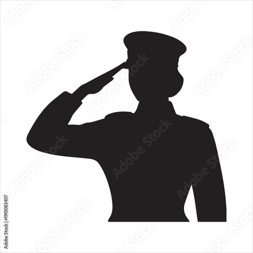 Silhouette of a female soldier in uniform saluting, a symbol of patriotism and military service.