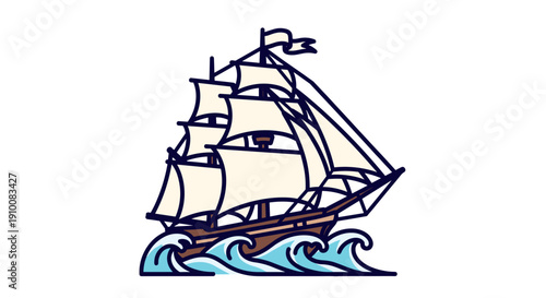 Vintage Sailing Ship with Sails Unfurled.