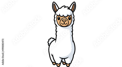 White Llama Cartoon Character Standing Alone.