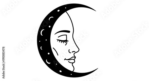 Woman Face Profile with Crescent Moon.