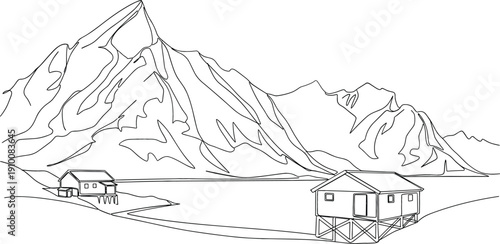 Continuous one line drawing of majestic mountain peaks and wooden stilt houses by a serene lake for nature travel