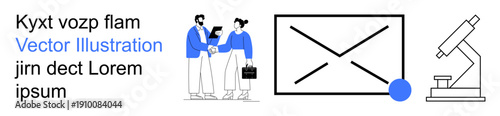 Business collaboration, email communication, professional networking, scientific research, modern office, digital correspondence. Two people discussing a document, an email symbol, and a microscope