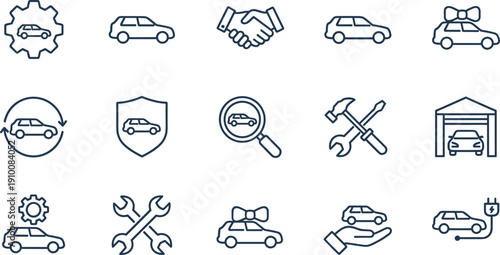 Car service and automotive repair outline icon set with maintenance tools dealership protection and electric vehicle symbols