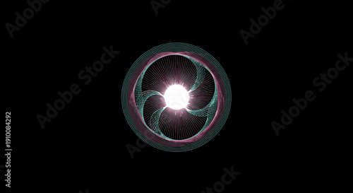 A mesmerizing abstract fractal design featuring a glowing central light source surrounded by intricate swirling patterns, creating a captivating visual effect.