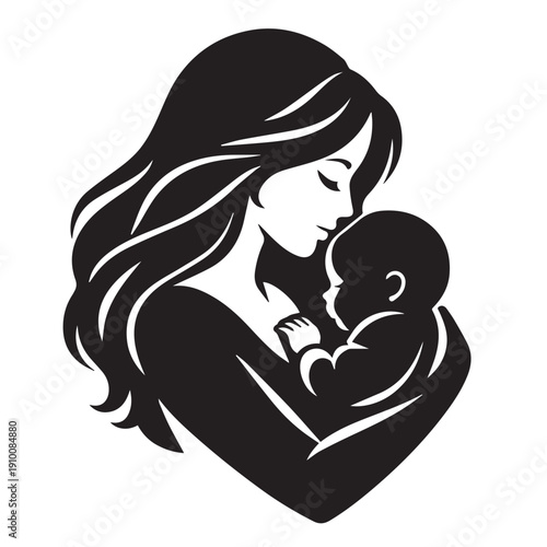 A vector illustration of a mother hugging her baby, designed with soft simple lines to represent maternal love, emotional bonding, family care, tenderness, nurturing relationship, and parent affection