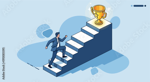 A determined businessman in a suit climbs a staircase towards a shining golden trophy, symbolizing ambition, success, and career progression.