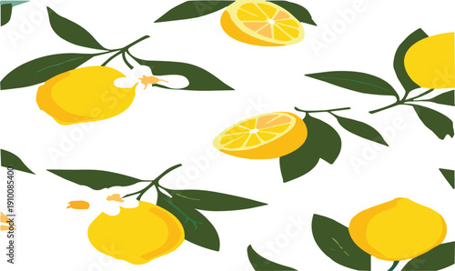 Fresh Lemon Fruit Seamless Pattern with Green Leaves and Blossoms Summer Citrus Background Vector Illustration