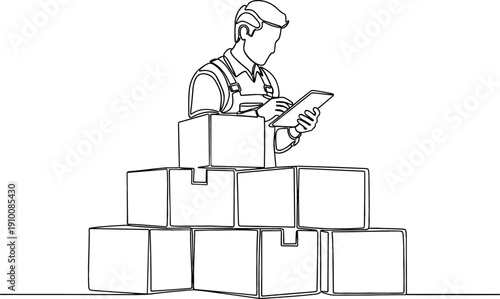 Continuous one line drawing of warehouse worker checking inventory on digital tablet with stack of cardboard boxes.