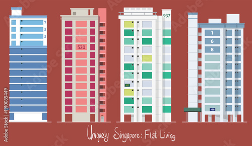 Side profiles of Singapore's public housing flats showcase a variety of architectural styles and color schemes, reflecting the country's commitment to practical yet visually distinct urban design. 