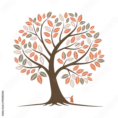 Autumn tree with colorful leaves and a fox sitting at the base