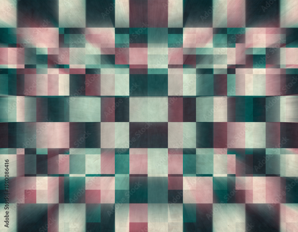 Fototapeta premium Vibrant abstract plaid pattern with blurred pink, green, and black squares on textured background