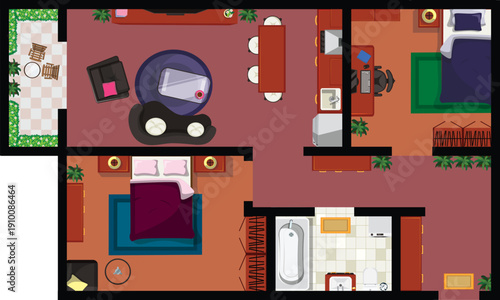Modern House Interior Design Floor Plan With Furniture Top View Home Vector