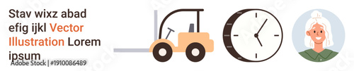Logistics, time management, workforce organization, scheduling, delivery, productivity. Forklift with clock and female avatar. Logistics and time management concept