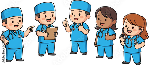 Cute medical staff characters set, friendly doctors and nurses in scrubs, healthcare teamwork, hospital cartoon vector illustration