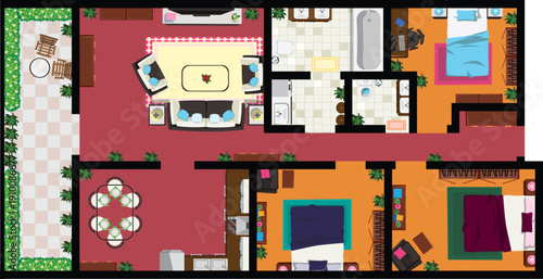 3 Bedroom Apartment House Top View Interior Furniture Design Floor Plan Vector
