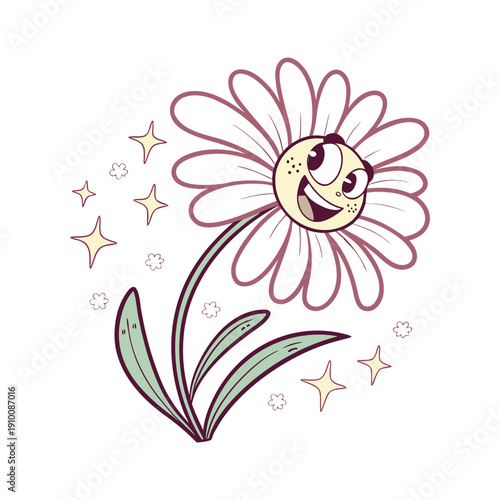 Cartoon flower with a smiling face and stars around it