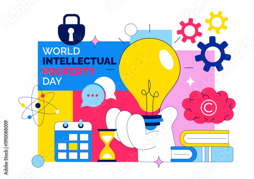World Intellectual Property Day Vector Illustration on April 26 Featuring Brain and Light Bulb for Innovation, Ideas, and Creativity Background