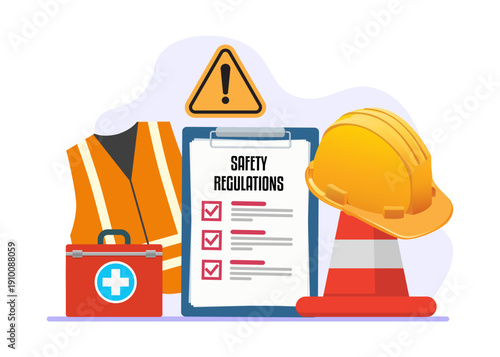Construction Safety Gear and Regulations Checklist Stock Illustration.