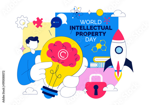 World Intellectual Property Day Vector Illustration on April 26 Featuring Brain and Light Bulb for Innovation, Ideas, and Creativity Background