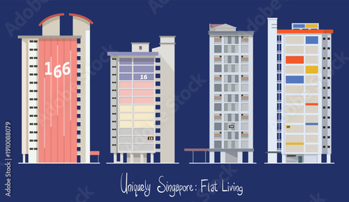 Side profiles of Singapore's public housing flats showcase a variety of architectural styles and color schemes, reflecting the country's commitment to practical yet visually distinct urban design. 