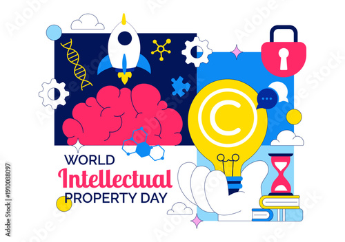World Intellectual Property Day Vector Illustration on April 26 Featuring Brain and Light Bulb for Innovation, Ideas, and Creativity Background