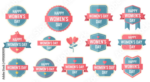 Collection of Happy Women's Day badges and emblems, perfect for celebrating International Women's Day with style and design