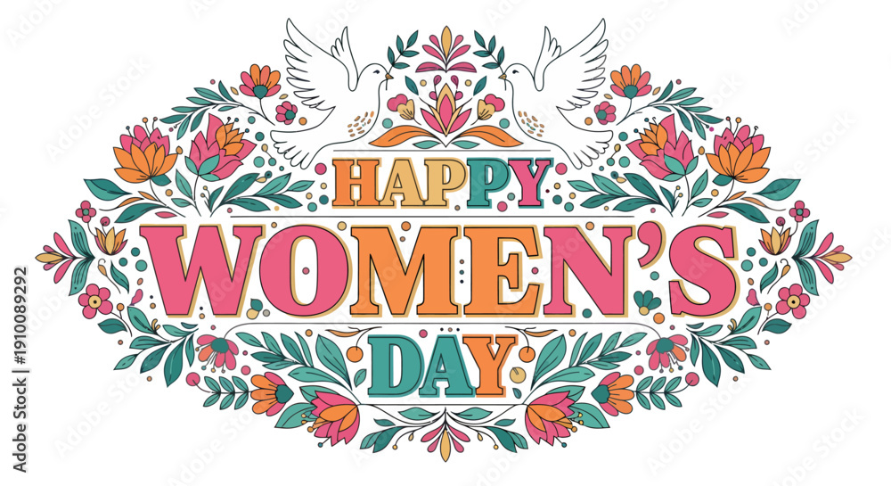 Obraz premium Happy Women's Day floral illustration with doves and intricate patterns celebrating the spirit of womanhood