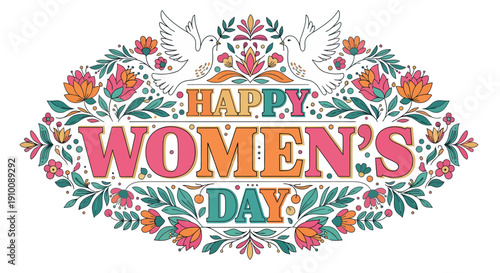 Happy Women's Day floral illustration with doves and intricate patterns celebrating the spirit of womanhood