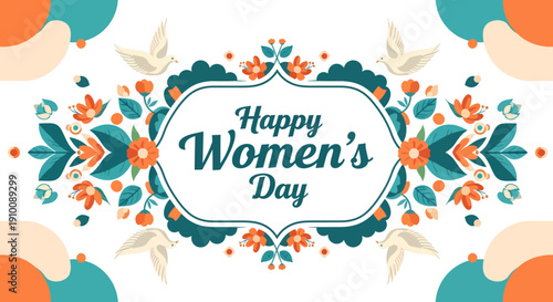 Happy Women's Day celebratory illustration featuring floral elements and doves