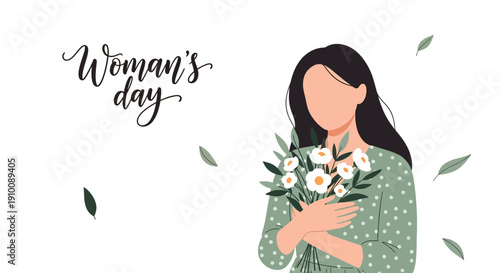 Elegant illustration of a woman celebrating a special occasion, holding a beautiful bouquet of fresh white flowers, symbolizing grace, appreciation, and springtime joy