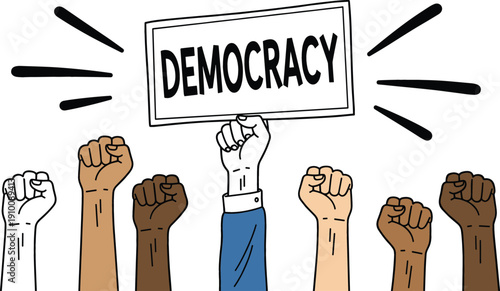 Diverse group of raised fists holding a democracy sign for civil rights and social justice movement vector illustration.